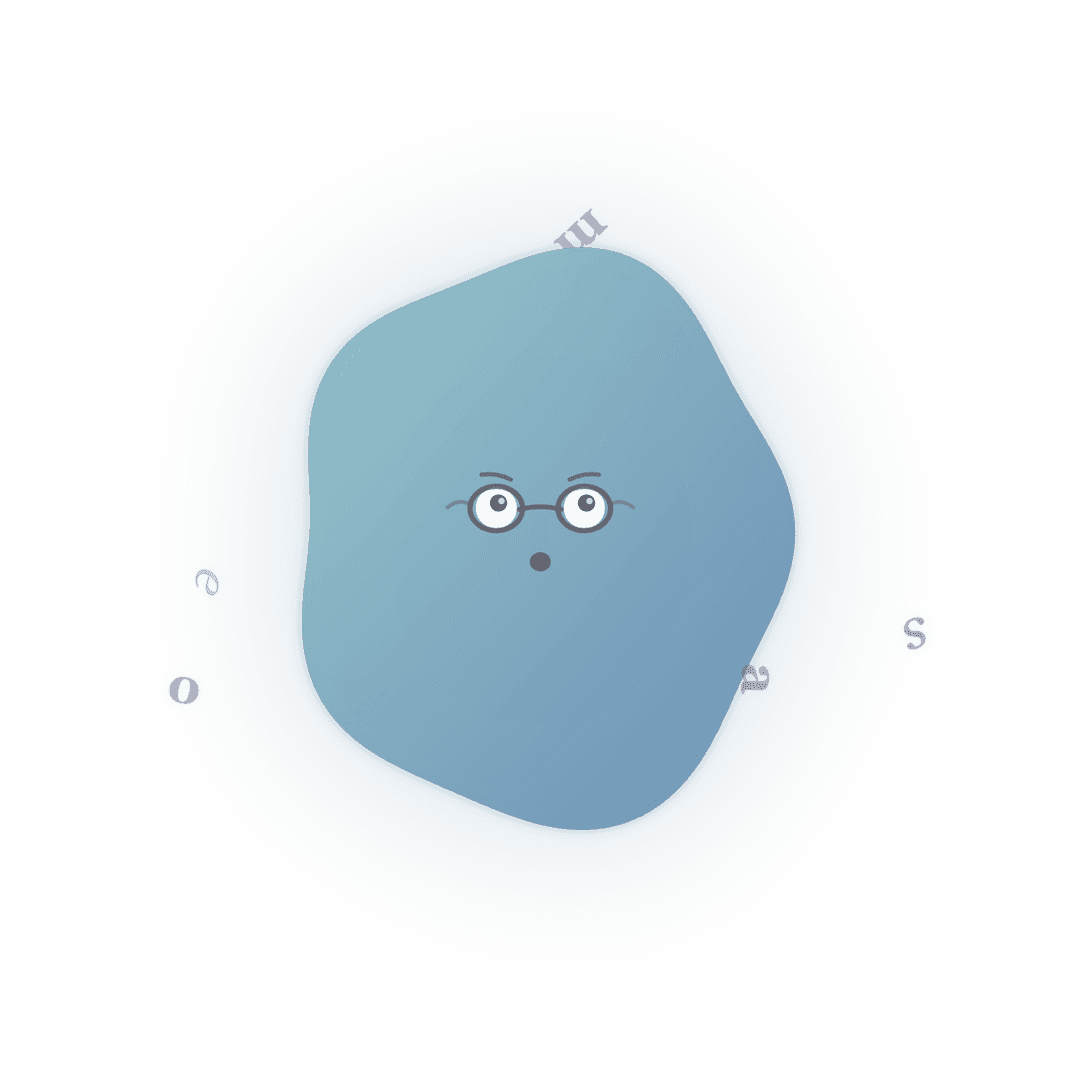 oléyoga's character in reading glasses, letters drifting around it
