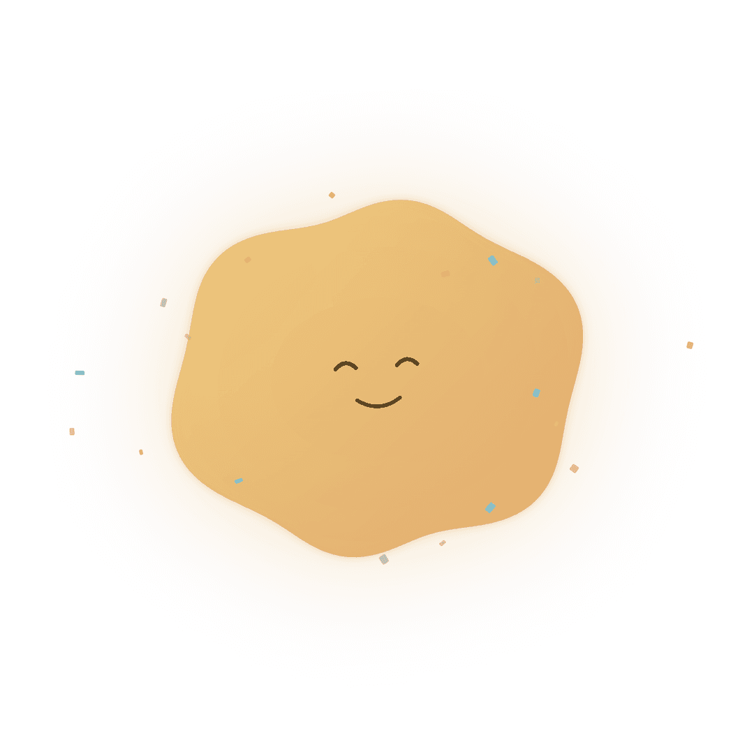 oléyoga's character smiling, surrounded by small drifting confetti